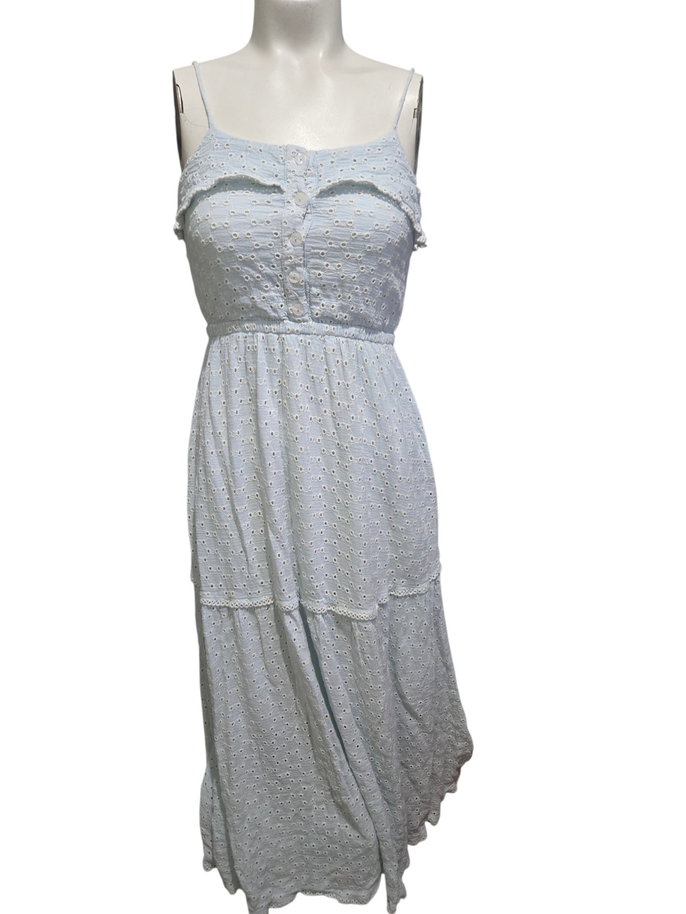 Lost + Wander Blue Eyelet Embroidered Tiered Mini Dress XS